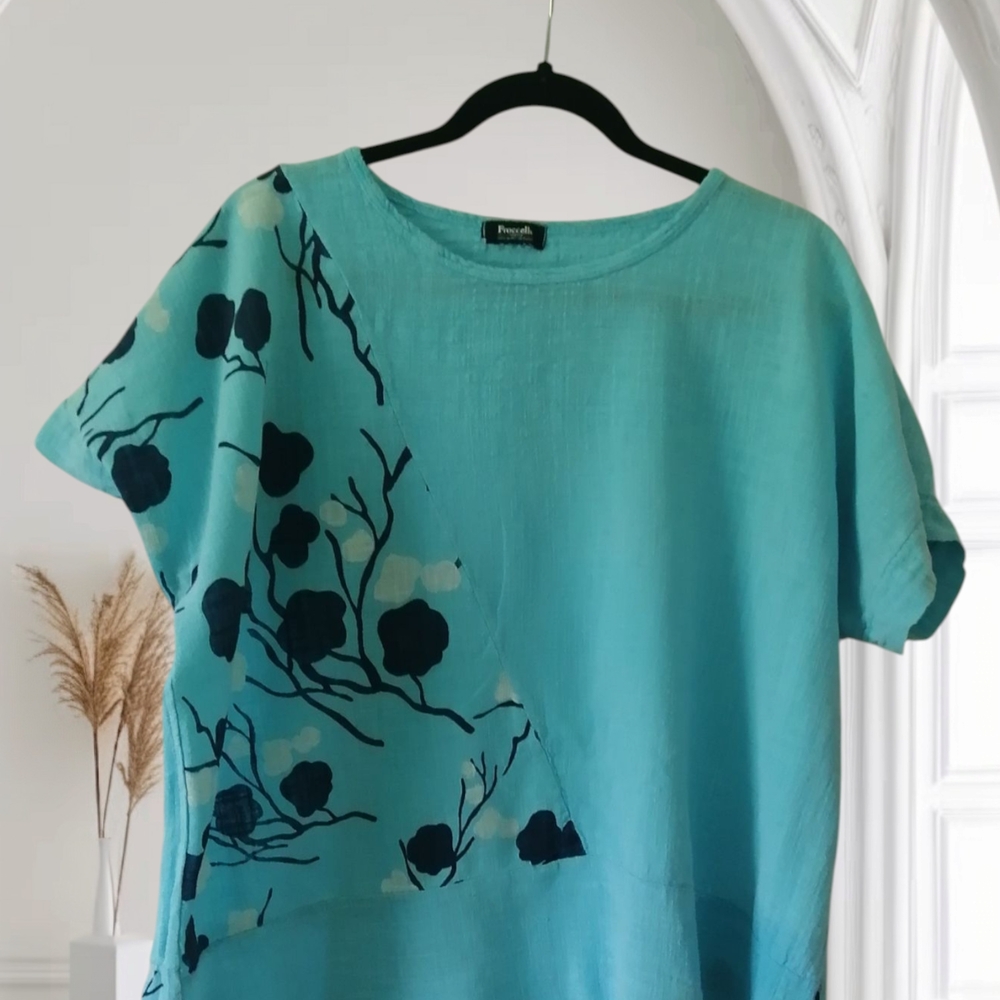 Blue Boxy Blouse with Short Sleeves